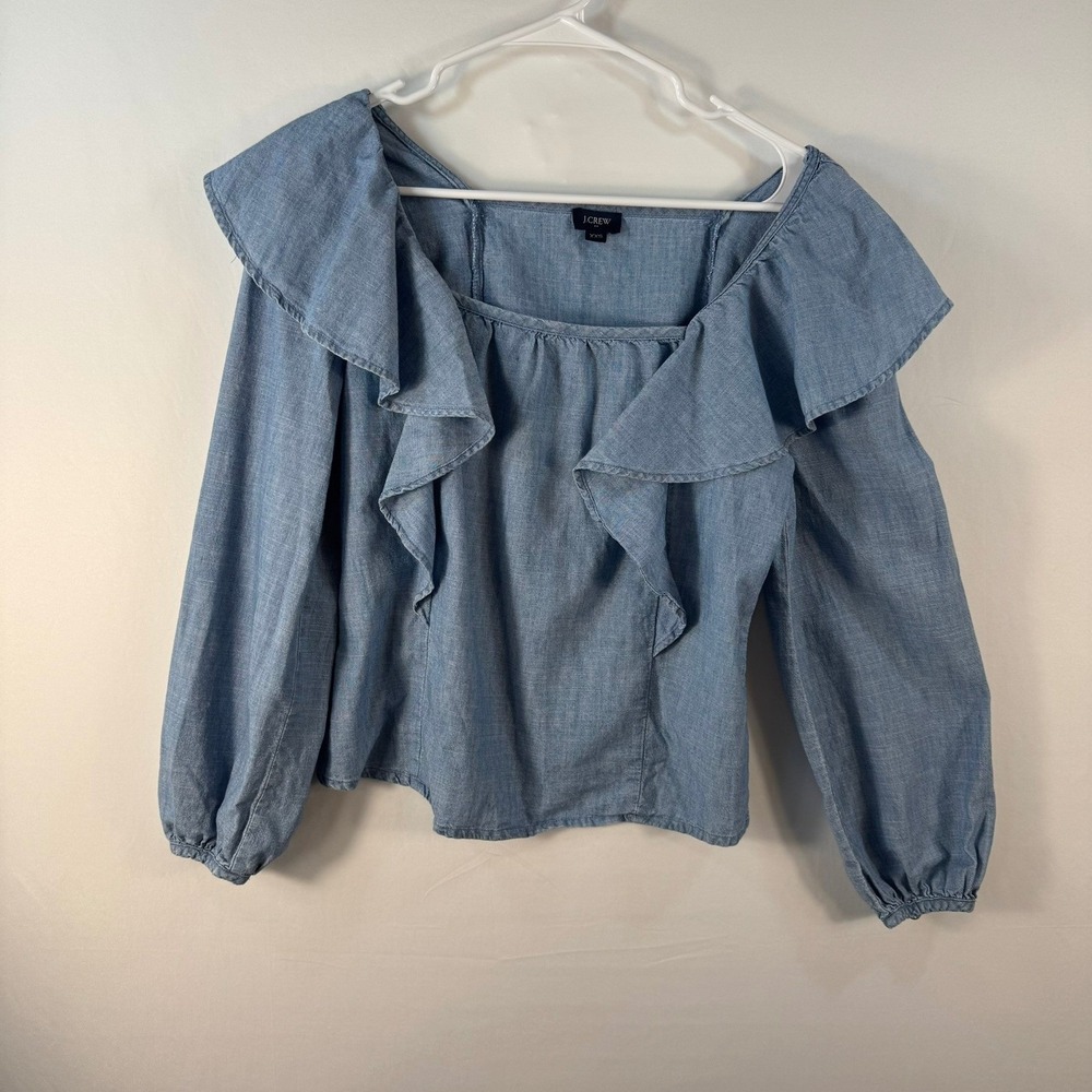 J.Crew Womens XXS Blue Chambray Ruffle Portrait Neck Long Sleeve Blouse Top